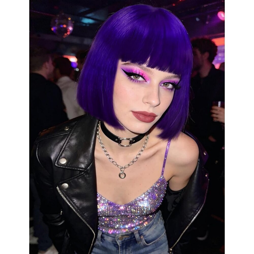 Women's Dark Purple 12 Inch Costume Cosplay Party Short Bob Wigs And Sunglass - Picture 7 of 7